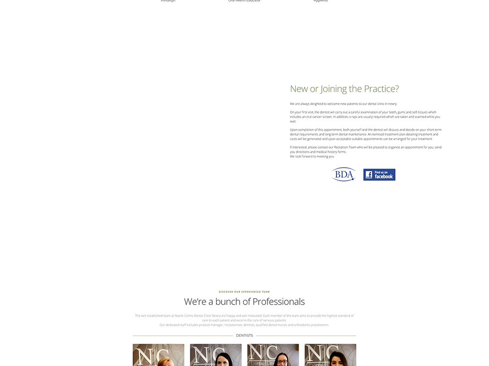 Team of dental professionals at Neole Collins Dental Clinic in Newry, showcasing commitment to high-quality patient care and dental services.