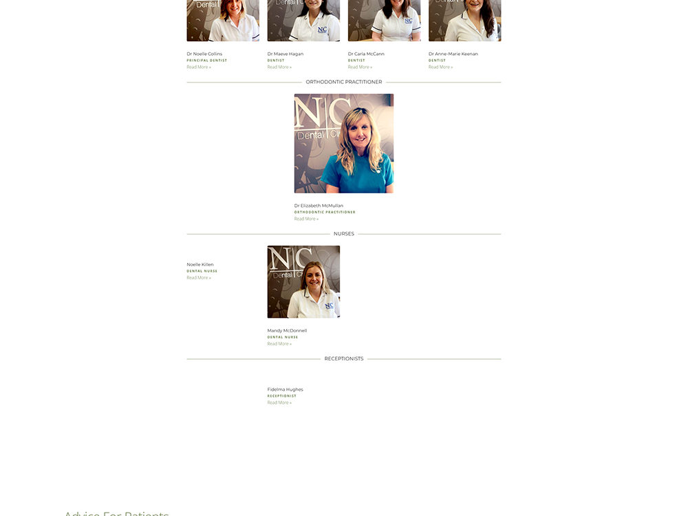 Team of dental professionals at NC Dental Clinic, featuring Dr. Noelle Collins, Dr. Maeve Hagan, Dr. Carla McCann, Dr. Anne-Marie Keenan, Dr. Elizabeth McMullan, dental nurses Noelle Killen and Mandy McDonnell, and receptionist Fiderina Hughes.