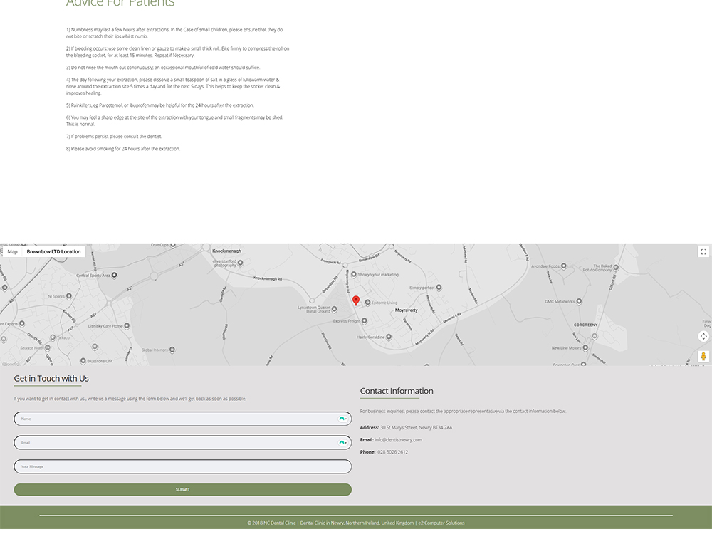 Alt text: A webpage displaying patient advice for post-extraction care, featuring a contact form and a map indicating the location of BrownLow LTD in Newry, Northern Ireland. The text includes instructions for managing discomfort and healing after dental procedures.