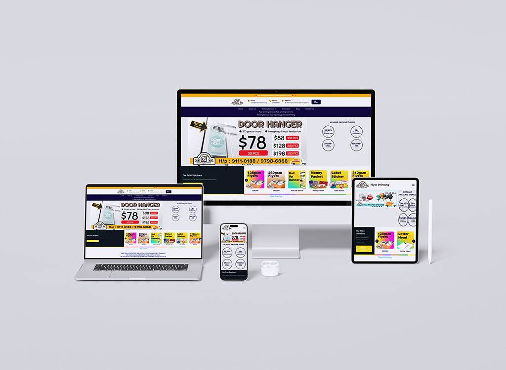 Image showcasing multiple devices displaying a website for printing services, featuring promotional offers for door hangers, flyers, and stickers. The website highlights prices and contact information, emphasizing an attractive layout suitable for online marketing.