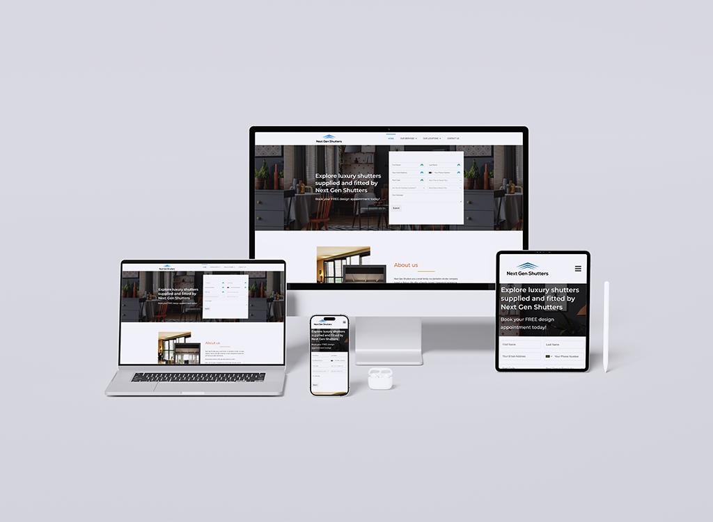 Image showcasing a responsive website design for Next Gen Shutters displayed on a desktop, laptop, tablet, and smartphone, featuring a clean layout and an invitation to explore luxury shutters.