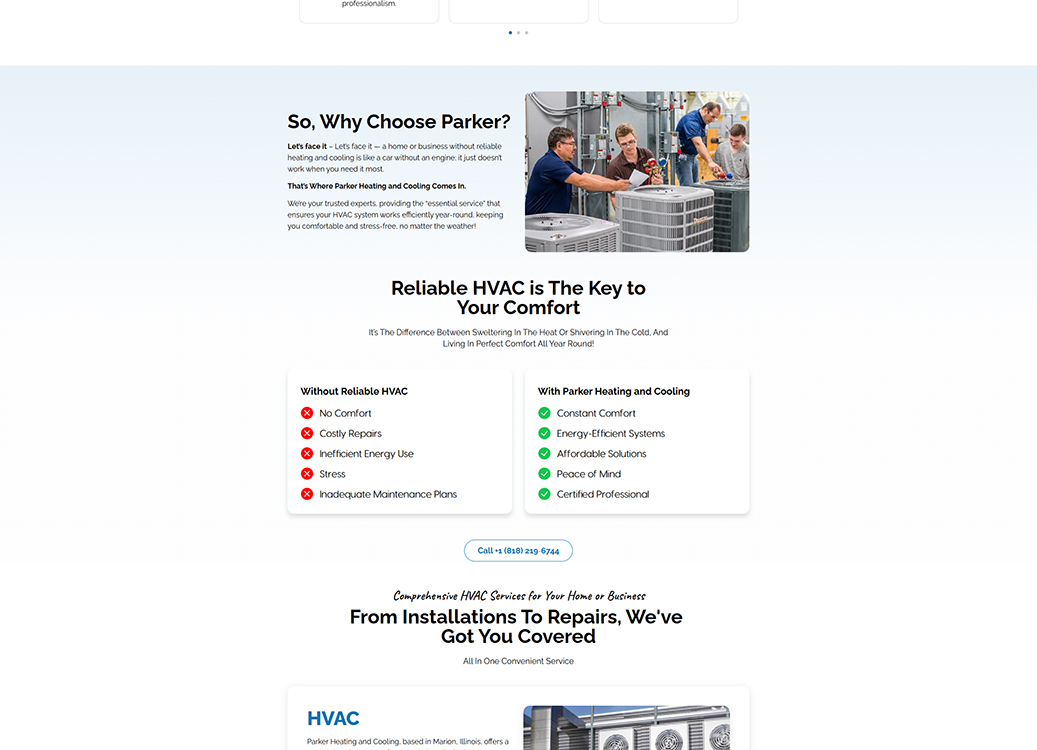 Image of HVAC technicians working on heating and cooling systems, highlighting the importance of reliable HVAC services for comfort and efficiency. Parker Heating and Cooling offers professional installation, maintenance, and repair solutions for homes and businesses.