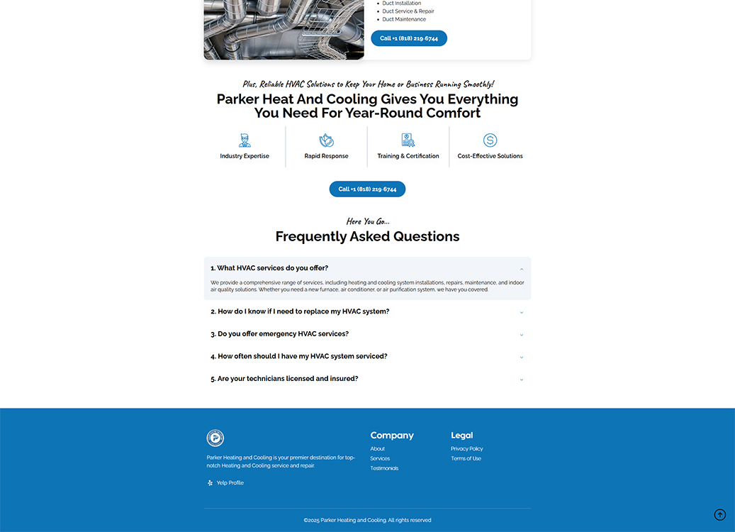 Parker Heat and Cooling website showcasing HVAC services, including installation, repair, and maintenance, with a focus on year-round comfort, expert solutions, and customer support.