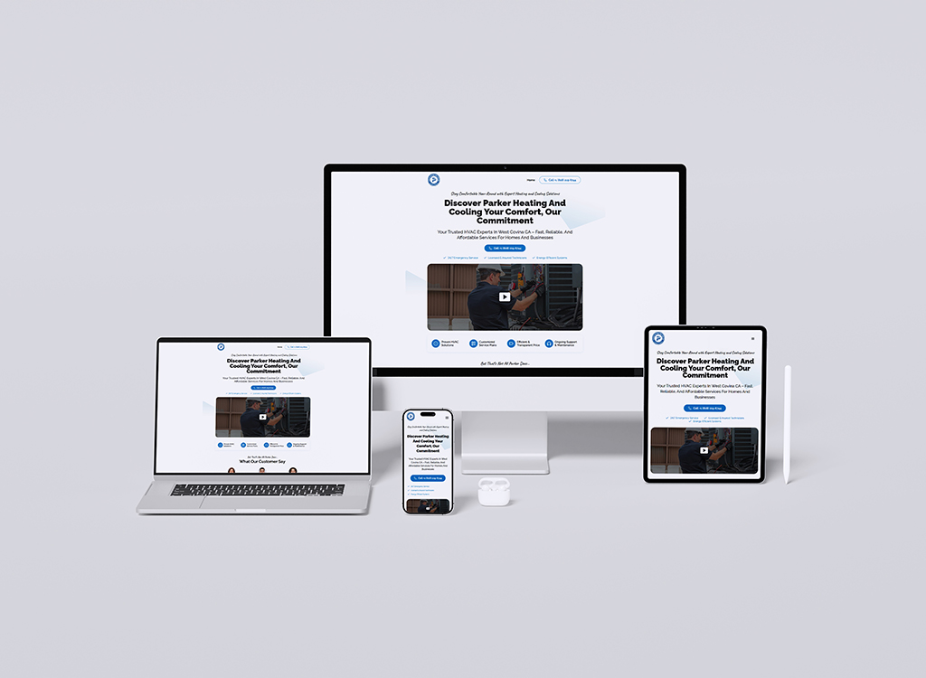 Image showcasing a responsive website design for Parker Heating and Cooling, displayed on multiple devices including a desktop, laptop, tablet, and smartphone. The webpage emphasizes comfort and commitment to customer service, featuring a video and testimonials.