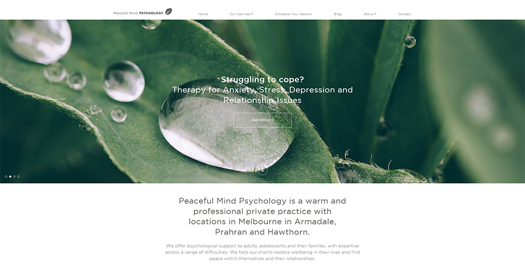Close-up of water droplets on green leaves, symbolizing tranquility and emotional healing, representing the services offered by Peaceful Mind Psychology for anxiety, stress, and relationship issues in Melbourne.