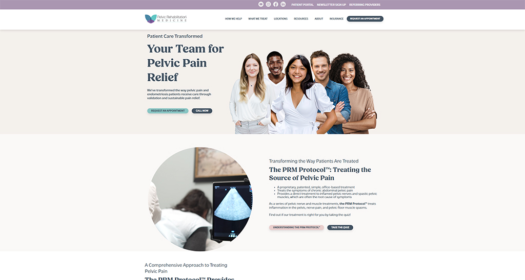 A diverse group of healthcare professionals smiling and standing together, promoting pelvic pain relief services. The image highlights a patient-centered approach to treatment, emphasizing the PRM Protocol for addressing pelvic pain and related conditions.