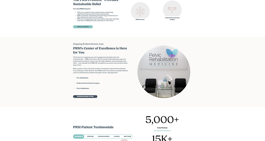 Image of the Pelvic Rehabilitation Medicine (PRM) office, showcasing their commitment to ongoing endometriosis care and patient comfort, featuring a welcoming waiting area with a sign that reads 