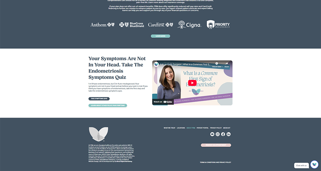 Image of a website section promoting a quiz for endometriosis symptoms, featuring a video thumbnail with a healthcare professional, alongside logos of various insurance providers. The text encourages visitors to take the symptoms quiz and learn more about managing endometriosis.