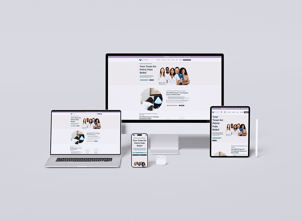 Responsive design showcasing a healthcare website for pelvic pain relief, displayed on a desktop, laptop, tablet, and smartphone, emphasizing accessibility across devices.