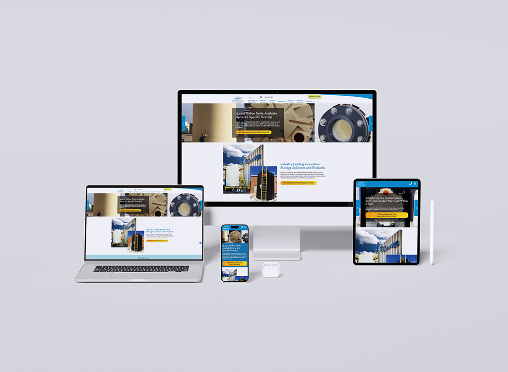 Image showcasing a responsive website design displayed on multiple devices, including a desktop computer, laptop, tablet, and smartphone, featuring innovative storage solutions and products.