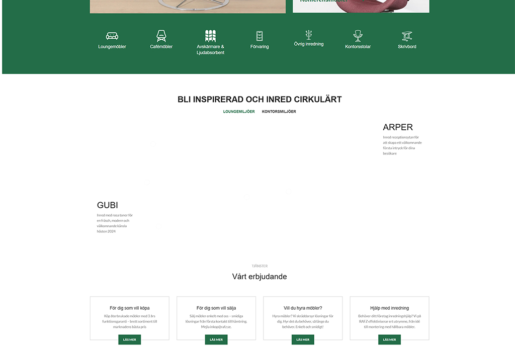 Homepage of a furniture website featuring modern lounge and office furniture with sections for purchasing, selling, and rental services. The design highlights a clean layout with green accents and offers inspiration for circular interior design.