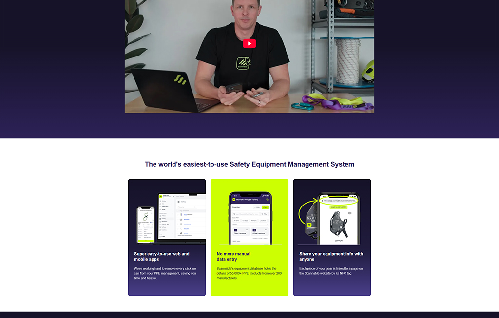 Man sitting at a desk with a laptop, demonstrating a safety equipment management system, with safety gear visible in the background. The image highlights the platform's user-friendly web and mobile apps, emphasizing features like data management and equipment sharing via NFC tags.