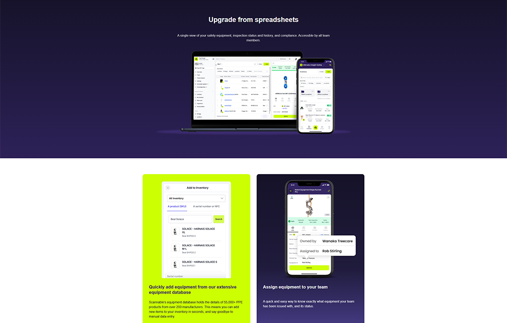 Image showcasing a software solution for managing safety equipment, featuring a laptop and mobile device displaying inventory management and equipment assignment features. The interface highlights quick data entry and access to an extensive equipment database for efficient team management.