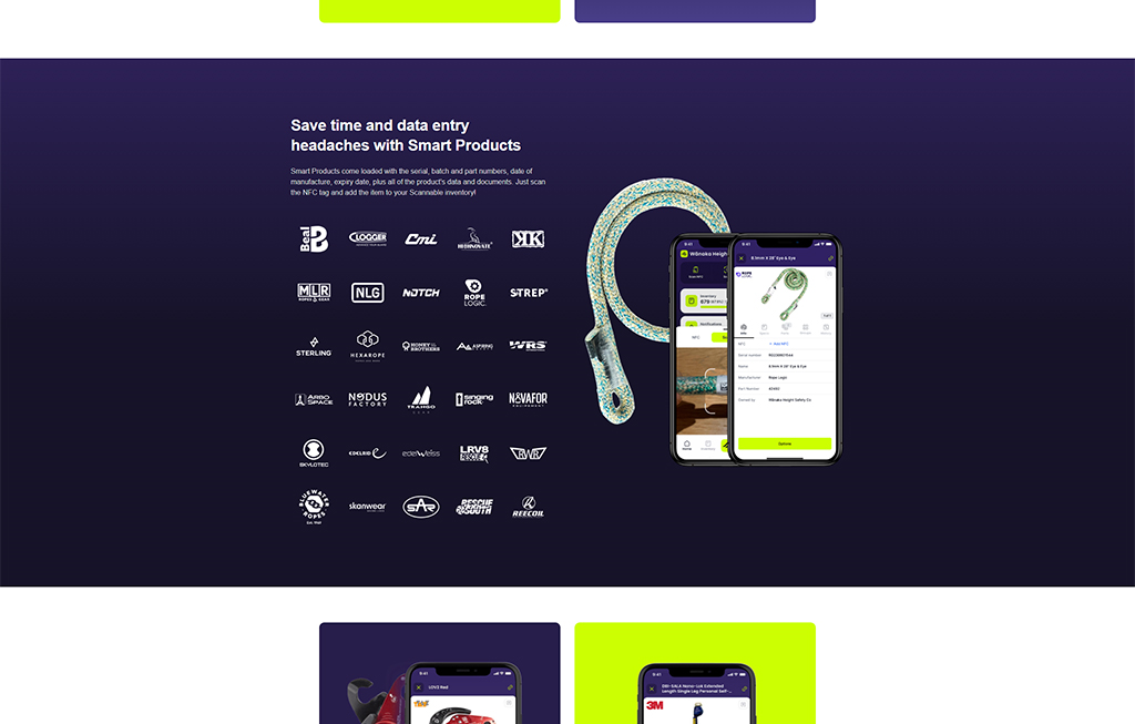 Smart Products showcasing a colorful safety rope alongside a smartphone displaying product details and inventory management features. The image emphasizes the convenience of NFC technology for easy data entry and inventory tracking.