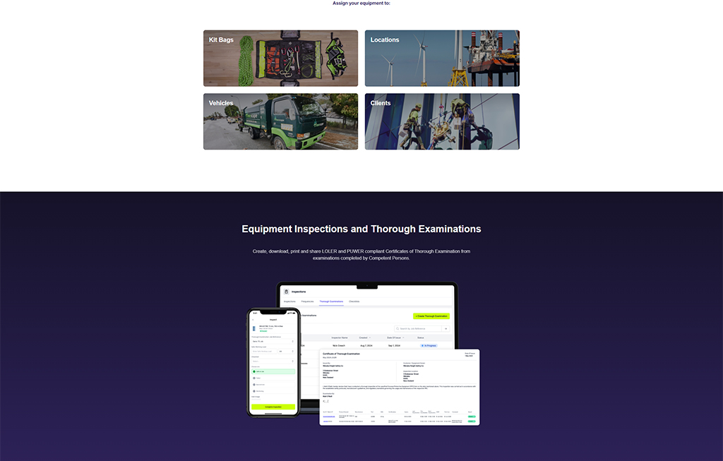 Image showcasing a digital interface for equipment inspections, featuring mobile and tablet views displaying certificates and inspection details for compliance with LOLER and PUWER regulations. The background highlights the importance of thorough examinations for safety and regulatory compliance in various industries.