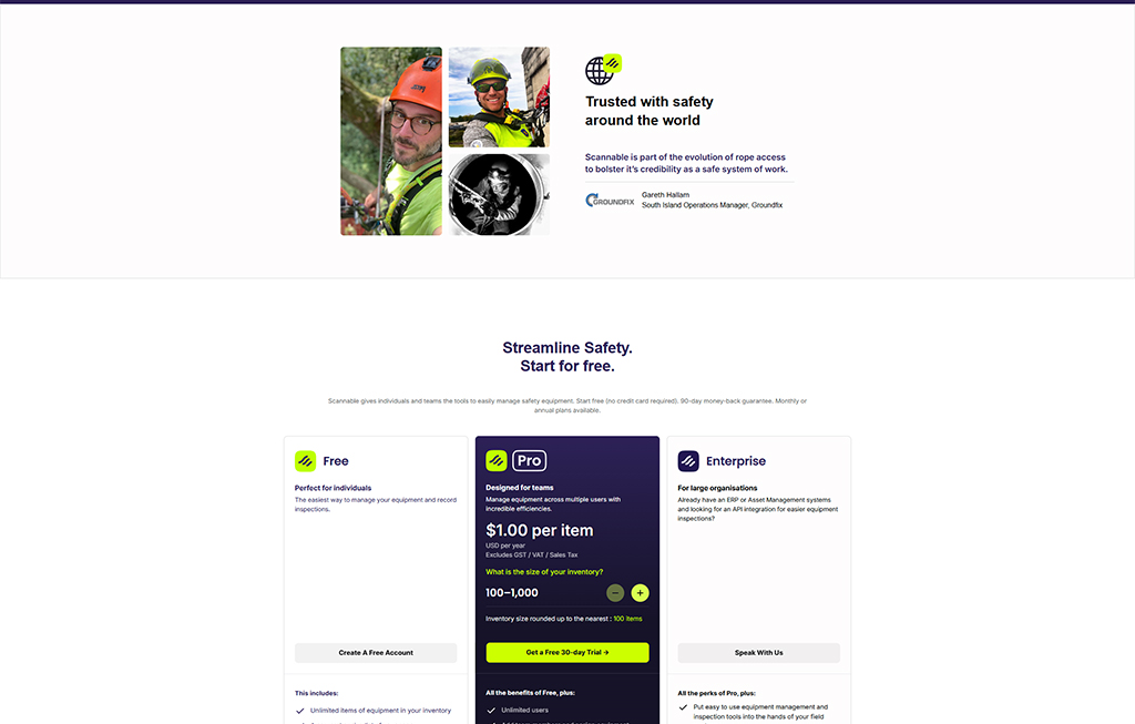 Image of a safety professional wearing protective gear while working at a height, showcasing a commitment to safety in the workplace. The image is part of a website promoting safety services and features information about affordable safety plans and contact options.