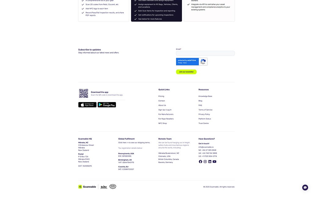 Footer section of Scannable website featuring subscription form, QR code for app download, contact information, and quick links to resources and support.