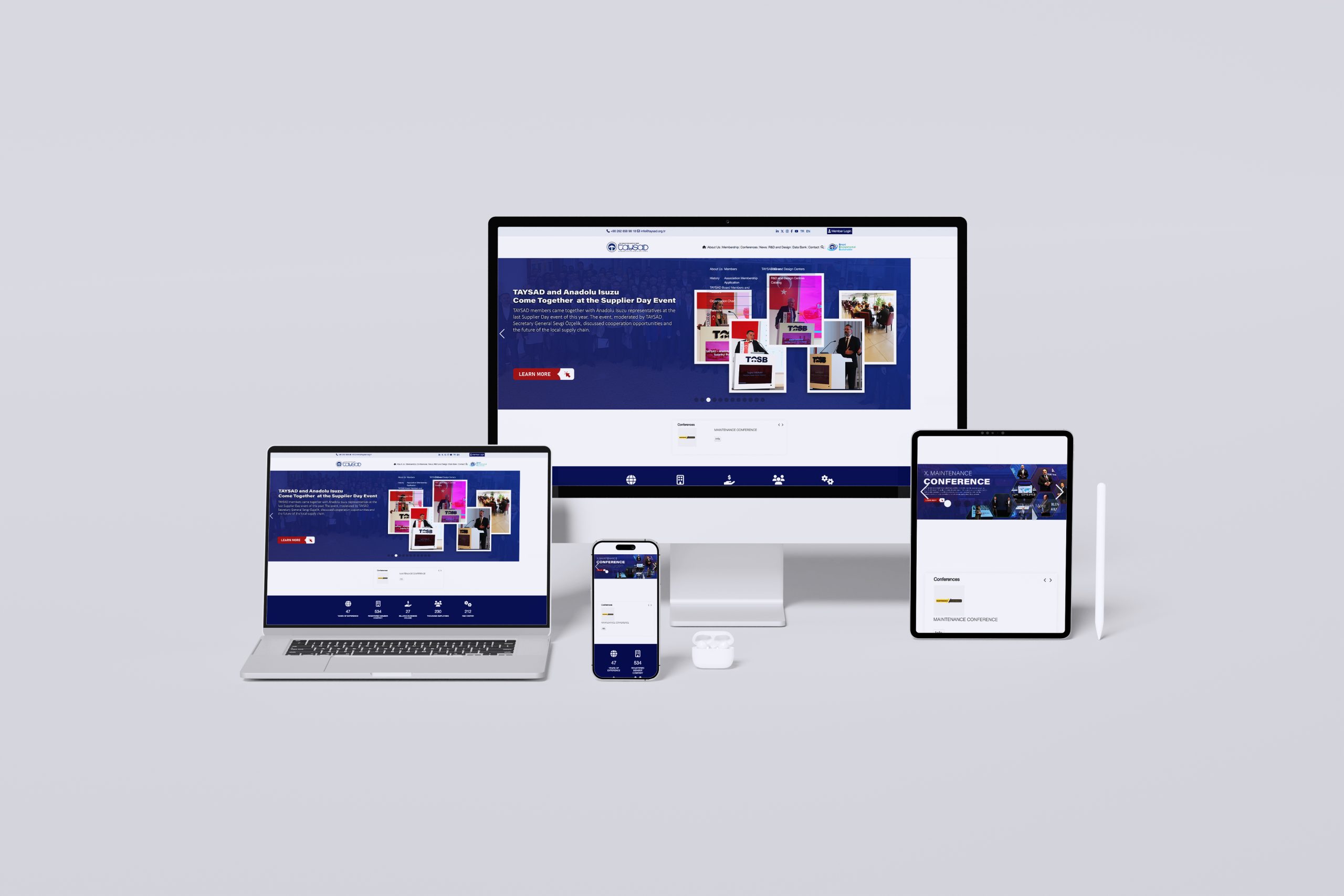 Image showcasing a modern website displayed on multiple devices including a desktop monitor, laptop, tablet, and smartphone. The website features information about a Supplier Day event, highlighting collaboration between TAYSAD and Anadolu Isuzu, with vibrant visuals and a user-friendly interface.