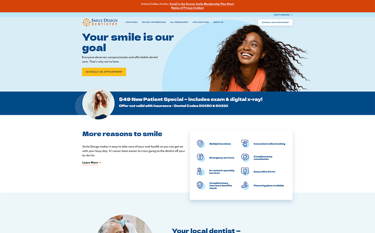 Homepage of Smile Design Dentistry featuring a smiling woman, highlighting affordable dental care, new patient special for $49, and various services such as emergency care and online booking.