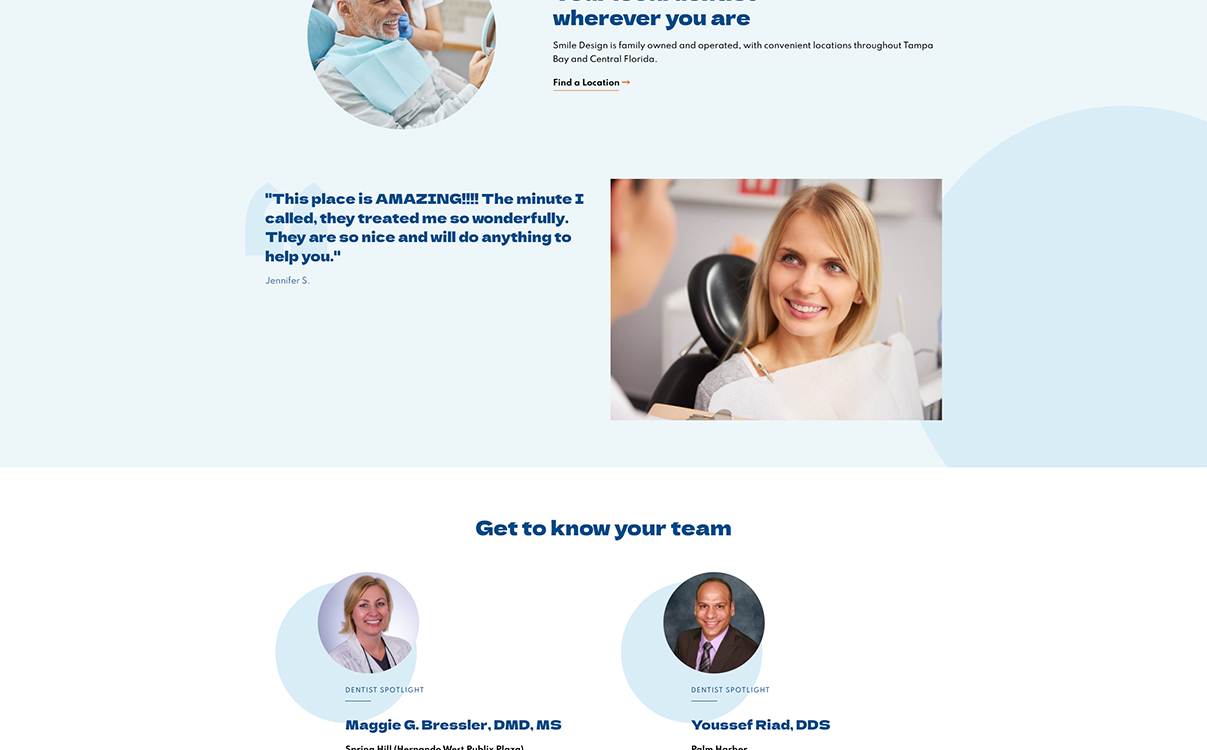 Smiling female dentist with patient in a dental chair, showcasing a friendly and welcoming dental environment at Smile Design, a family-owned practice in Tampa Bay and Central Florida.