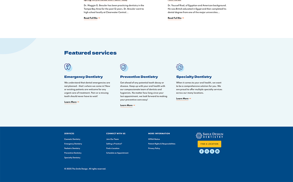 Alt text: Website layout for Smile Design Dentistry featuring two dentists' bios, and sections highlighting emergency, preventive, and specialty dentistry services. The design includes a navigation footer with links to services, contact options, and additional information.