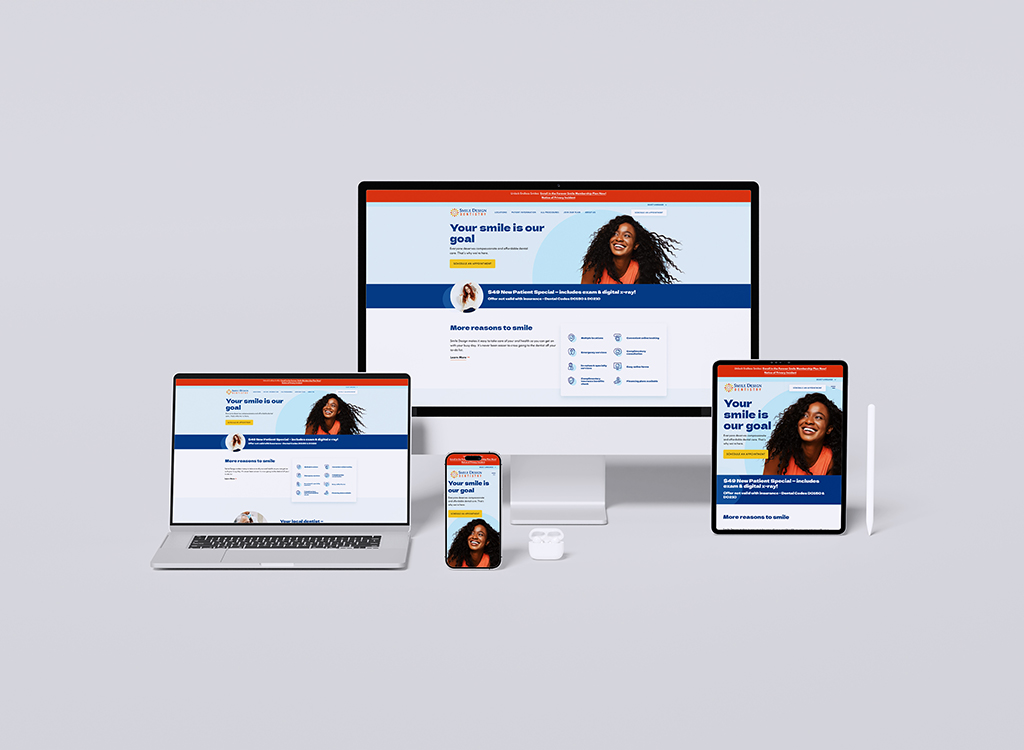 Website homepage displayed on multiple devices, including a desktop computer, laptop, tablet, and smartphone, featuring a smiling woman and the tagline 