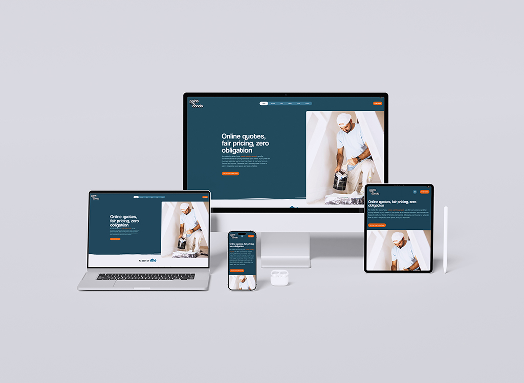 Image showcasing a responsive website design displayed on multiple devices, including a desktop, laptop, tablet, and smartphone. The website features online quotes and fair pricing for services, with a focus on user-friendly navigation and a professional image of a painter at work. Ideal for businesses offering home improvement or contracting services.