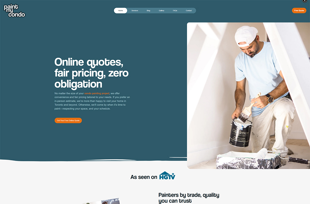 A professional painter applying fresh paint to a wall in a condo, showcasing the services offered by Paint My Condo, which includes online quotes and fair pricing for painting projects in Toronto.