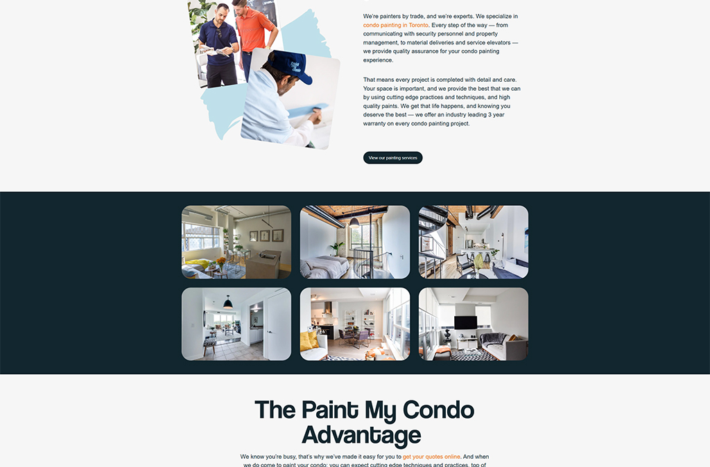 Image showing professional painters discussing project details and various condo interiors, highlighting the expertise in condo painting services in Toronto, including quality assurance and a three-year warranty.