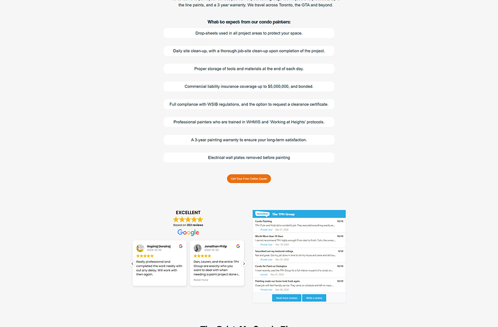 Alt text: Overview of condo painting services featuring key expectations such as thorough site clean-up, professional painters, insurance coverage, compliance with regulations, and a 3-year warranty, alongside customer reviews and ratings.