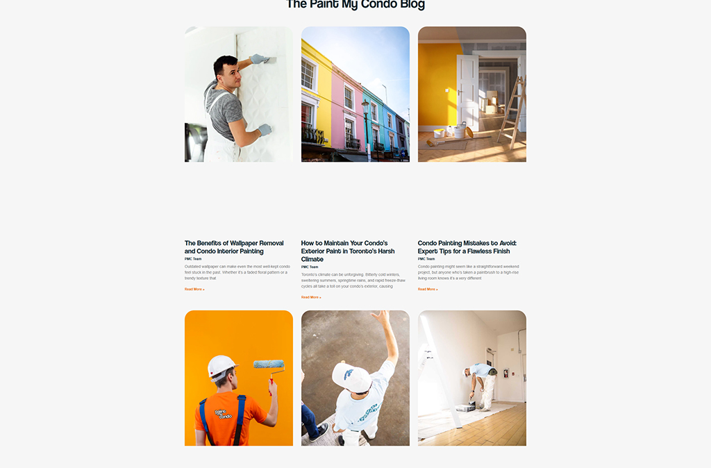 Image of a well-organized condo blog layout featuring articles about wallpaper removal, condo painting tips, and maintenance advice, with an emphasis on interior design and home improvement.