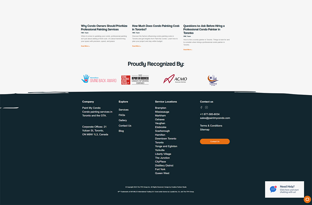 Footer section of the Paint My Condo website, showcasing company information, service locations, and contact details, along with recognition badges for awards and affiliations.