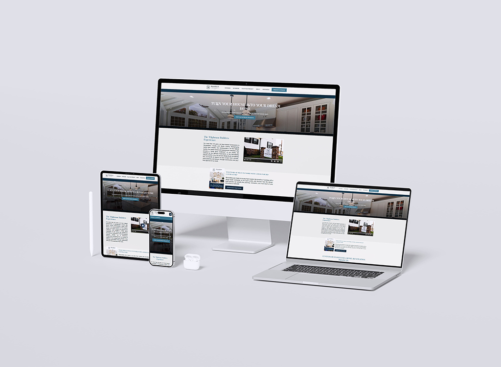 Responsive website design displayed on multiple devices, including a desktop computer, laptop, tablet, and smartphone, showcasing a home renovation service with a modern aesthetic.