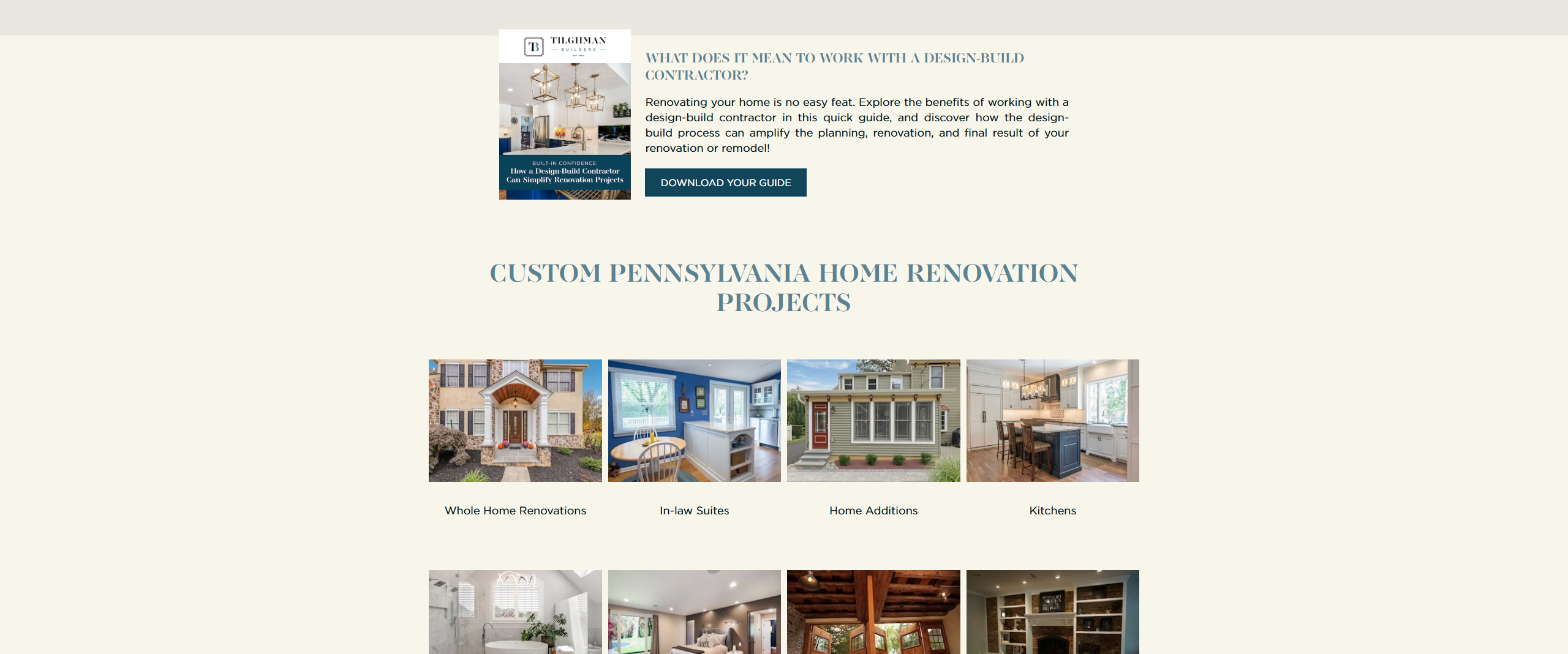 Image showcasing various home renovation projects in Pennsylvania, including whole home renovations, in-law suites, home additions, and kitchen remodels, highlighting design-build contractor services.
