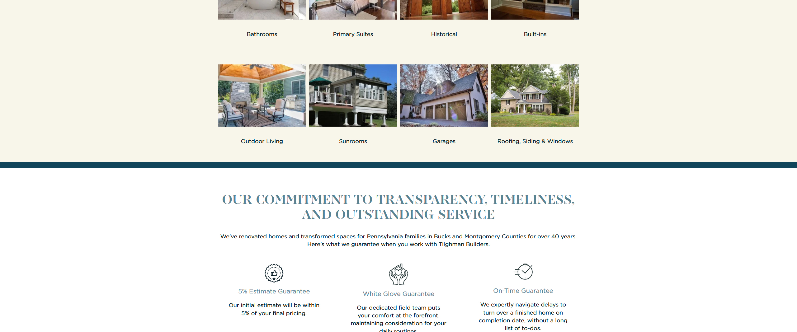 Image showcasing a range of home renovation services offered by Tilghman Builders, including bathrooms, primary suites, outdoor living spaces, sunrooms, garages, and roofing. The image emphasizes the company's commitment to transparency, timeliness, and outstanding service for Pennsylvania families in Bucks and Montgomery Counties.