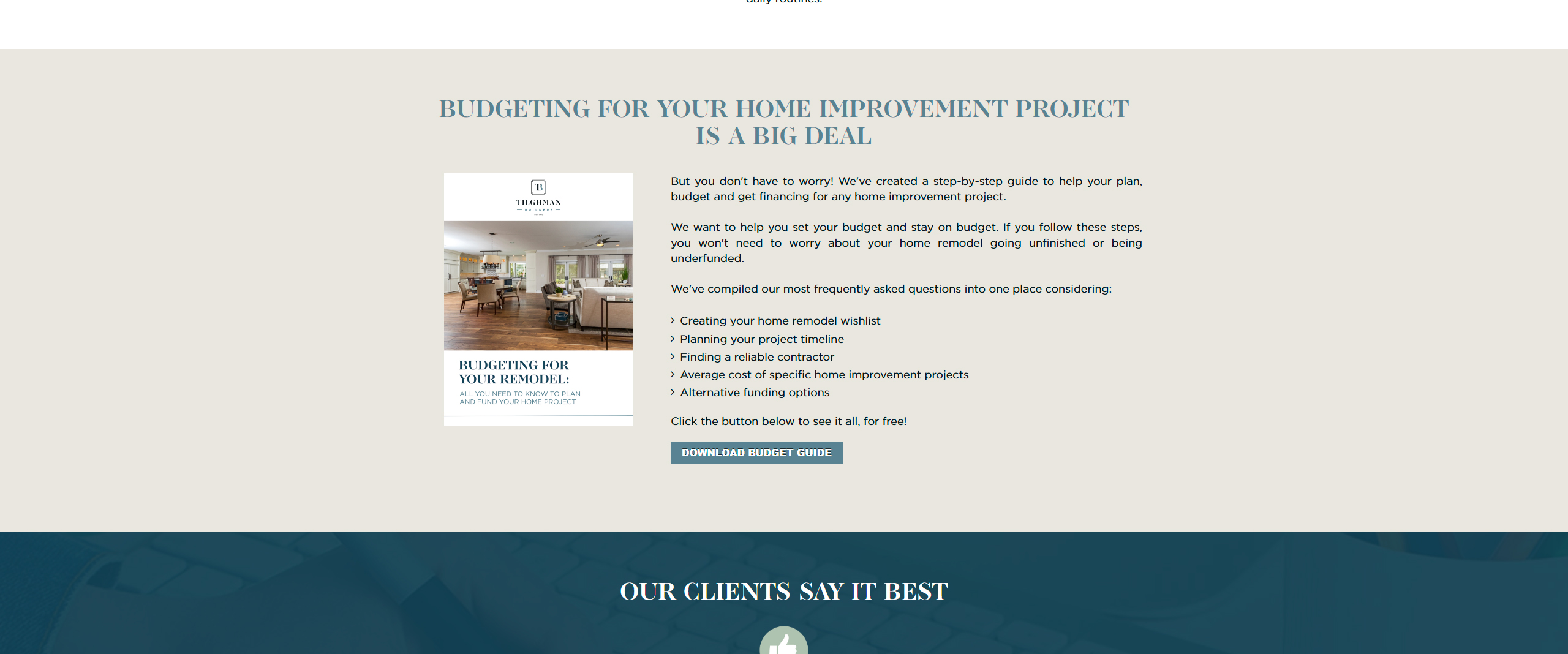 Image of a home improvement budgeting guide featuring a modern kitchen and dining area. The guide outlines steps for planning and financing home renovation projects, including creating a remodel wishlist, project timelines, finding reliable contractors, and exploring funding options.