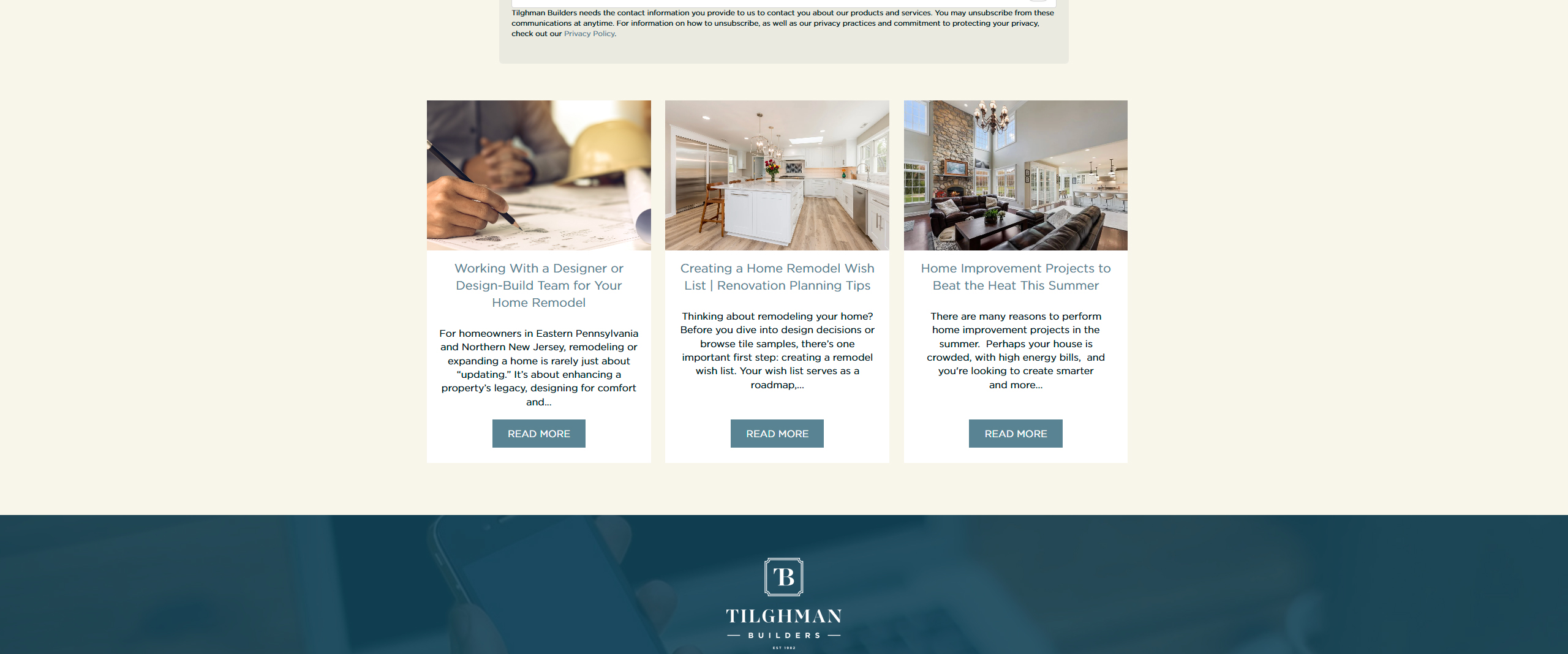 Image featuring a webpage layout for Tilghman Builders, showcasing home remodeling and design services. The page includes sections on working with designers, creating renovation wish lists, and summer home improvement projects, aimed at homeowners in Eastern Pennsylvania and Northern New Jersey.