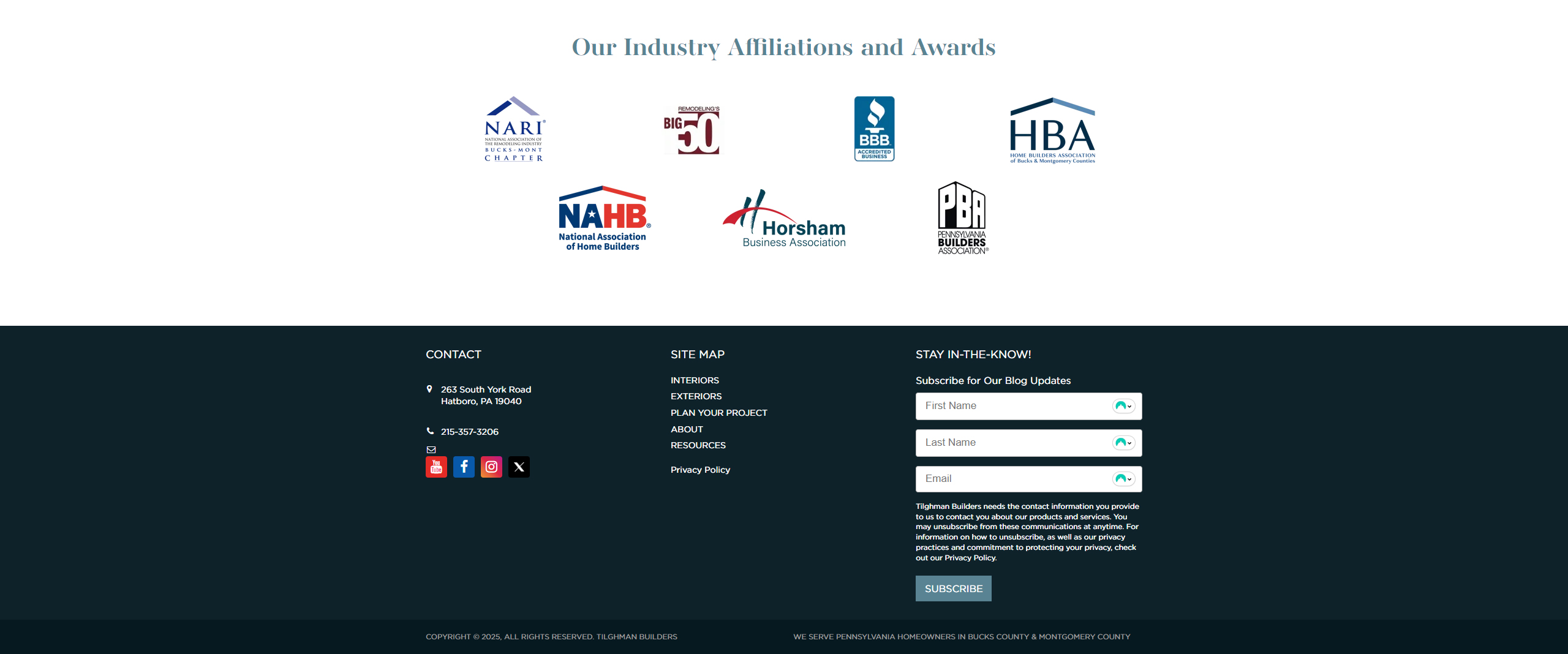 Logos of industry affiliations and awards for Tilghman Builders, including NARI, NAHB, BBB, HBA, and PBA, showcasing the company's credibility and professional recognition in home building and remodeling.