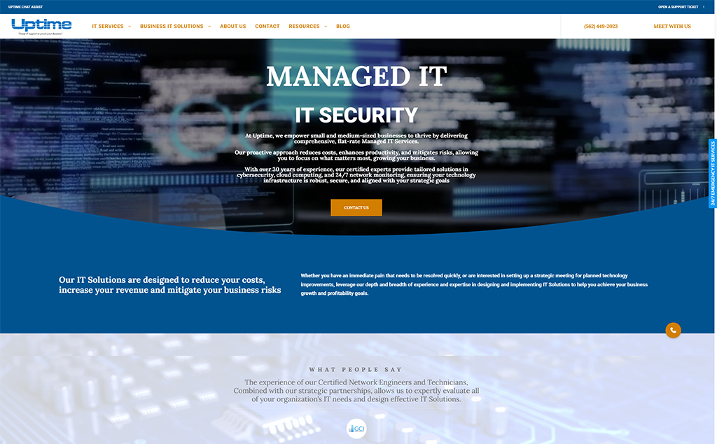 Alt text: Uptime IT Services homepage showcasing managed IT security solutions, emphasizing cost reduction, revenue increase, and risk mitigation for small and medium-sized businesses. The design features a modern interface with a focus on cybersecurity and cloud computing.