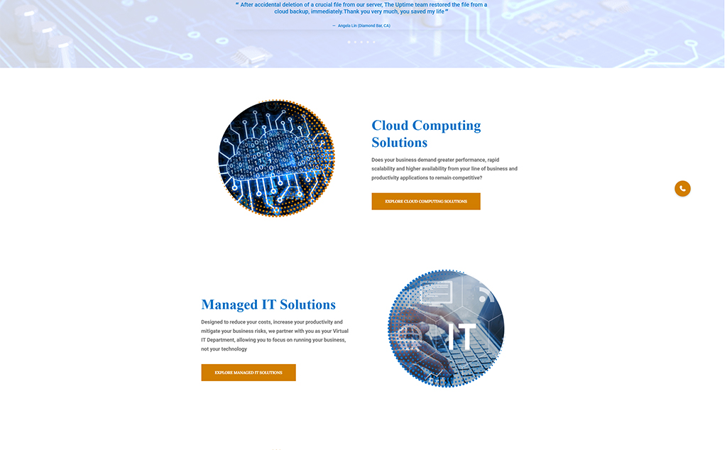 Cloud computing and managed IT solutions webpage featuring a circuit board background, digital data graphics, and service descriptions aimed at enhancing business performance and productivity.
