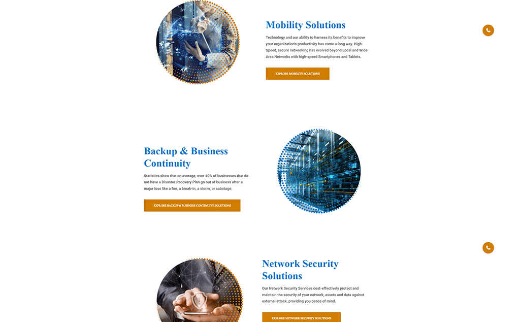 Image featuring sections on Mobility Solutions, Backup & Business Continuity, and Network Security Solutions, highlighting technology's role in enhancing productivity, disaster recovery planning for businesses, and cost-effective network security services.