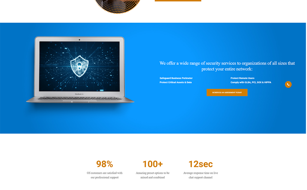 Laptop displaying a cybersecurity shield graphic on a blue background, representing security services for organizations of all sizes. Features statistics on customer satisfaction, service options, and response times for professional support.