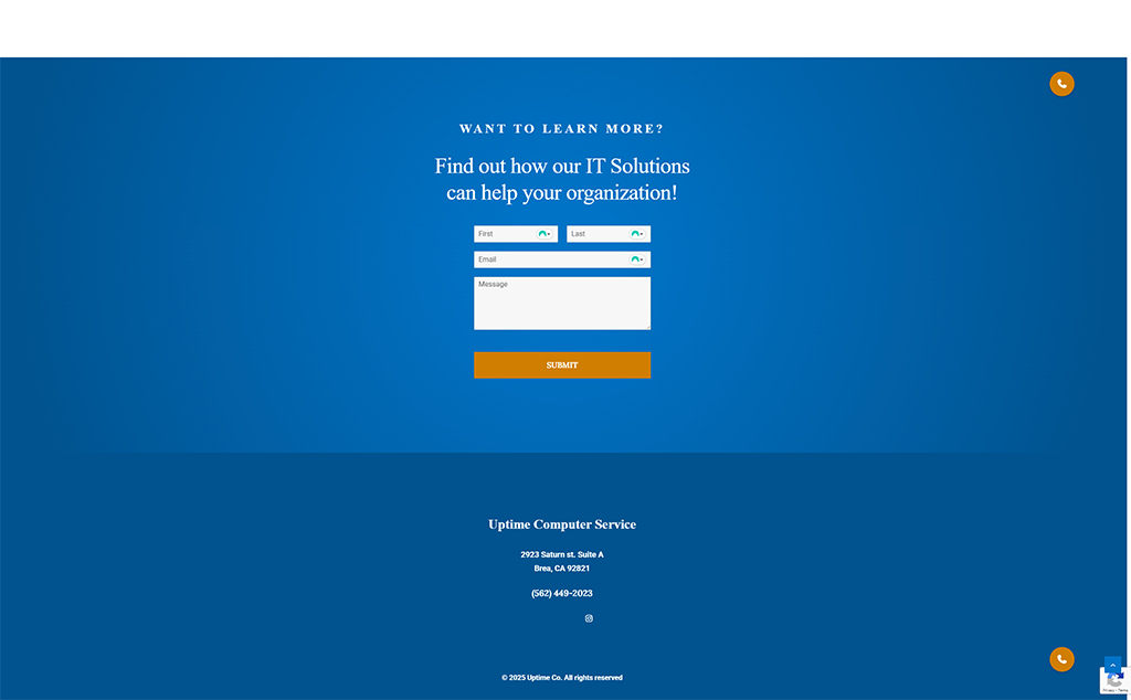 Contact form for Uptime Computer Service, offering IT solutions for organizations. Features fields for first name, last name, email, and message, with a prominent submit button. Background in blue, emphasizing a professional and inviting atmosphere.