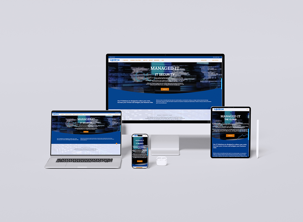 Image of multiple devices displaying a website focused on managed IT services and IT security, showcasing a modern and professional design. The devices include a desktop monitor, laptop, tablet, and smartphone, all featuring the Uptime branding and service offerings.