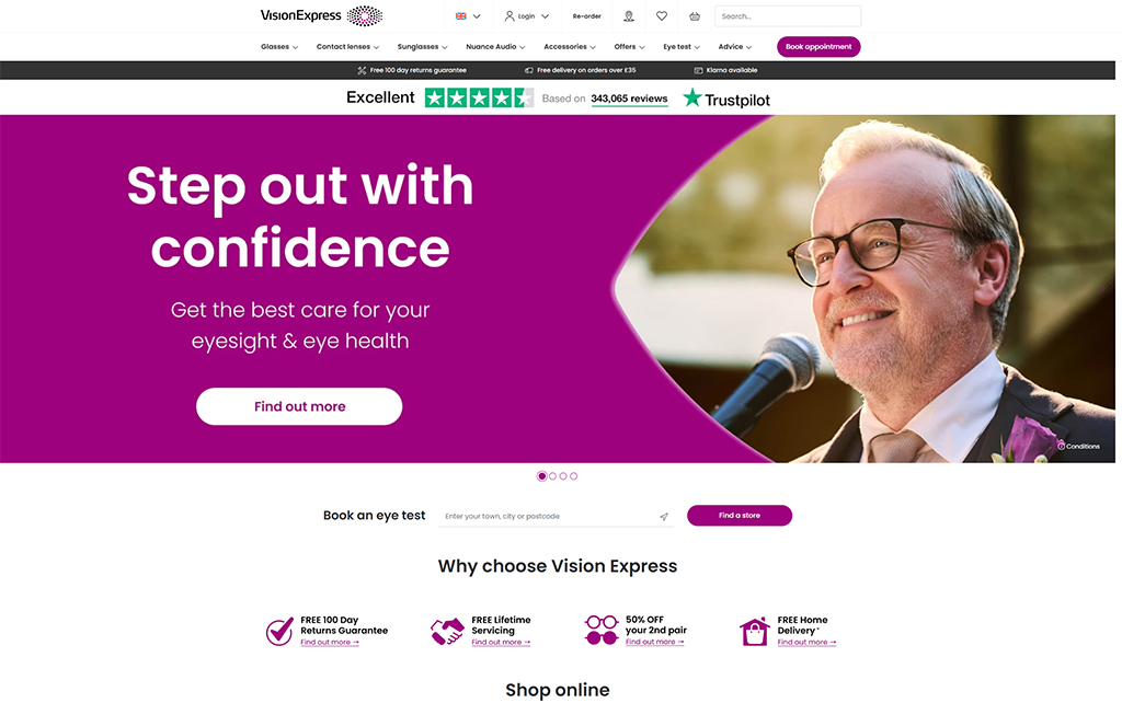 Homepage of Vision Express featuring a smiling man wearing glasses, promoting eye health and confidence in vision care. The design includes a bold purple banner with a call to action for eye tests and services, showcasing customer satisfaction and special offers.