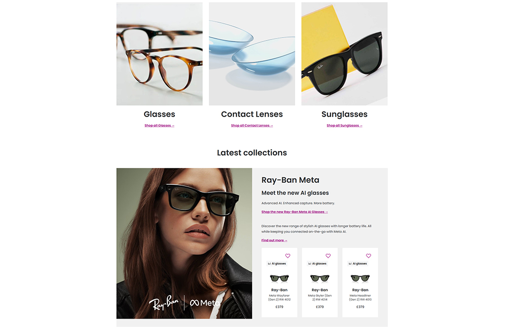 Image showcasing various eyewear products including glasses, contact lenses, and sunglasses, featuring the latest Ray-Ban Meta collection with AI technology.