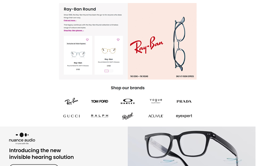 Ray-Ban Round eyeglasses showcasing a stylish design, highlighting product details and pricing. The image features a promotional banner for Vision Express, along with logos of luxury eyewear brands including Gucci, Tom Ford, and Prada, emphasizing premium eyewear options.