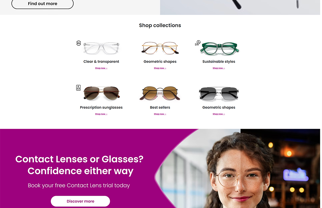 Image showcasing a selection of eyewear including clear and transparent glasses, geometric shapes, sustainable styles, prescription sunglasses, and best sellers. The lower section promotes a trial for contact lenses or glasses, encouraging customers to book a free contact lens trial.