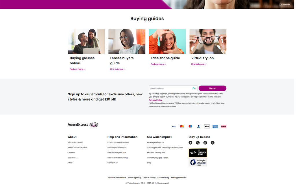 Buying guides page from Vision Express featuring links to resources on purchasing glasses online, lens selection, face shape guidance, and virtual try-on options, along with a sign-up form for exclusive offers and discounts.