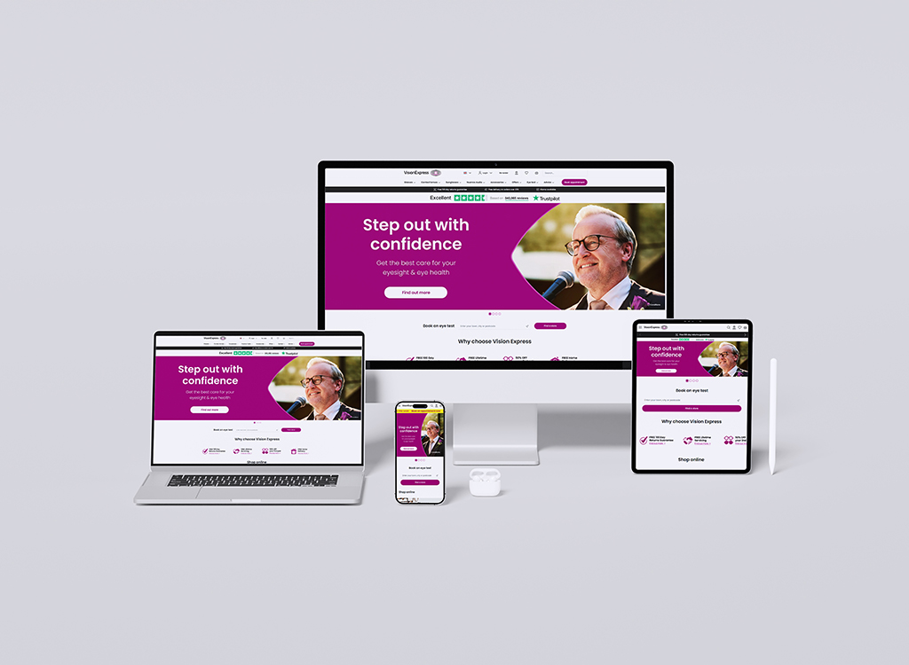 Multiple devices displaying the Vision Express website, featuring the slogan 